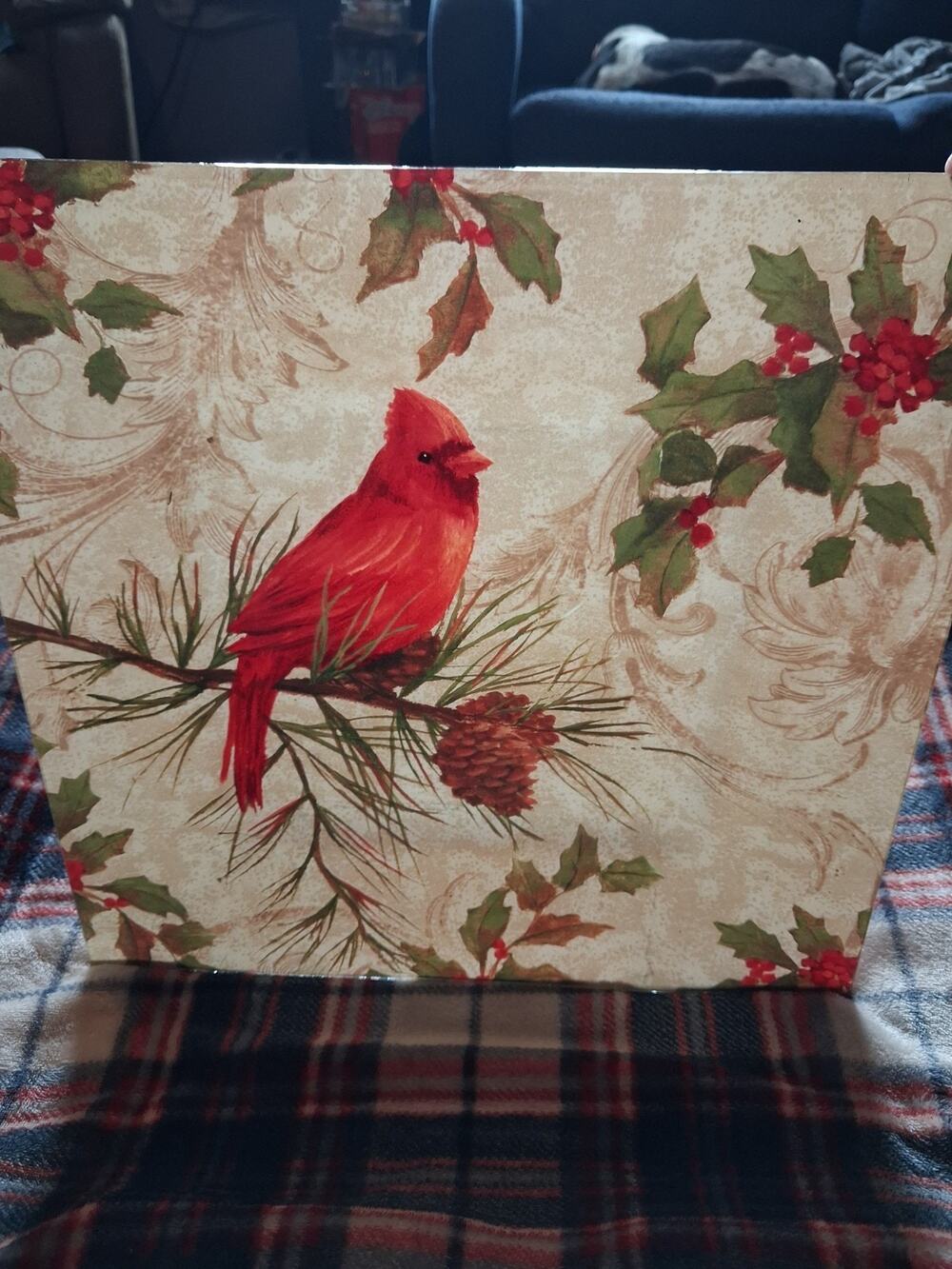 Lovely Red CARDINAL PINE CONES 15" Square Serving Plate Platter Ceramic